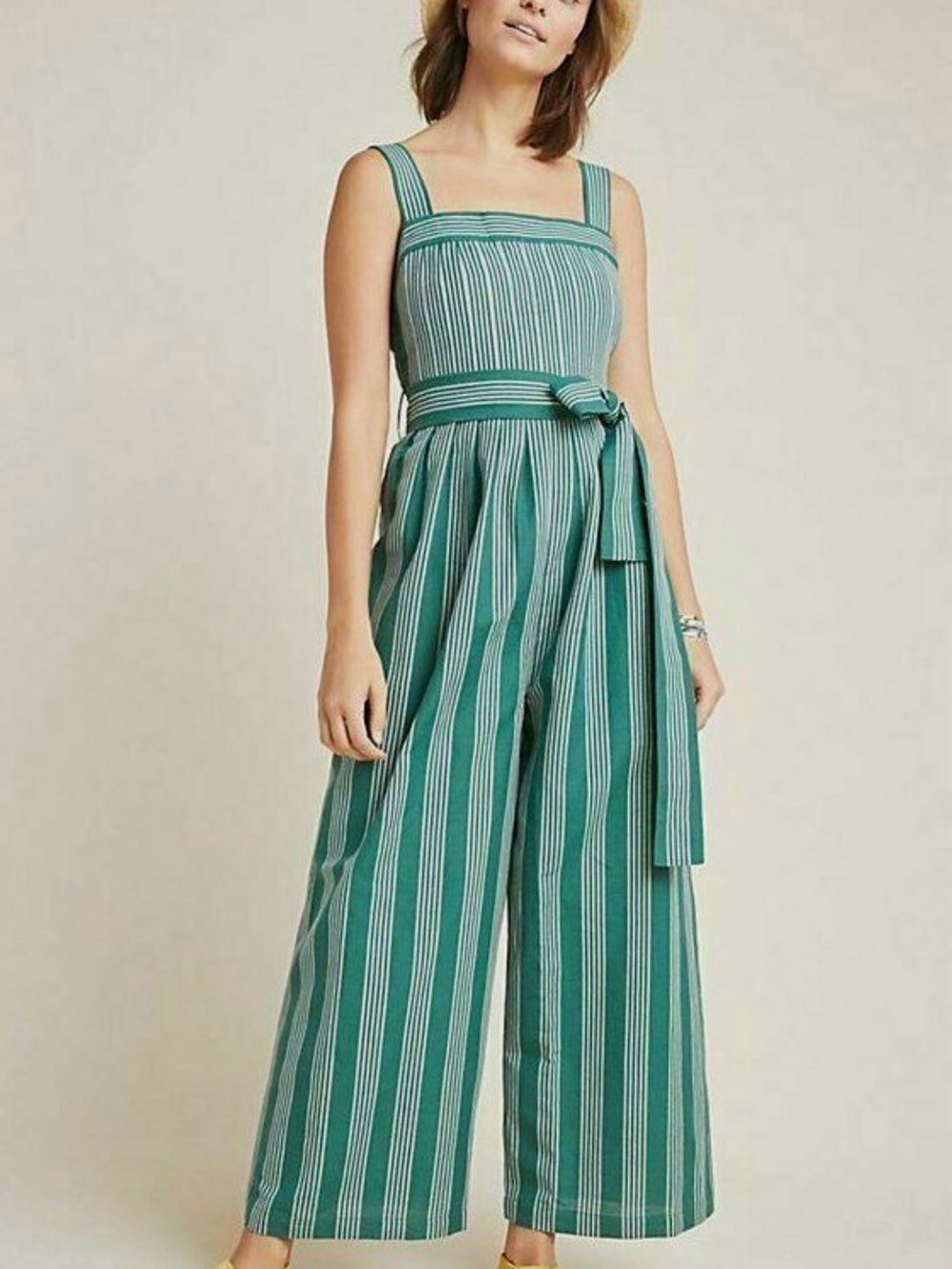 Payal Pratap Striped Green Linen Wide-Leg Jumpsuit with Tie Waist